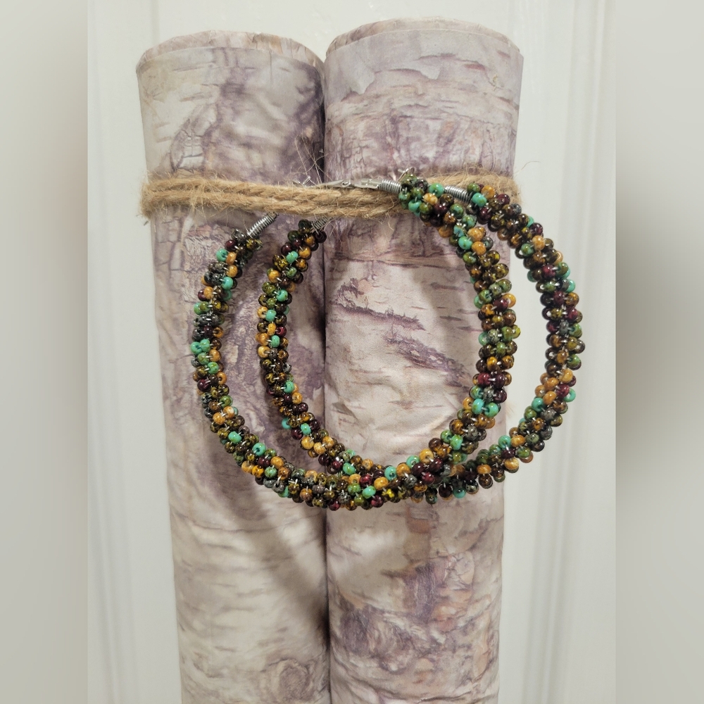 Beaded Tavertine Stone Hoop Earrings Southwestern Western Artisan Festival Boho